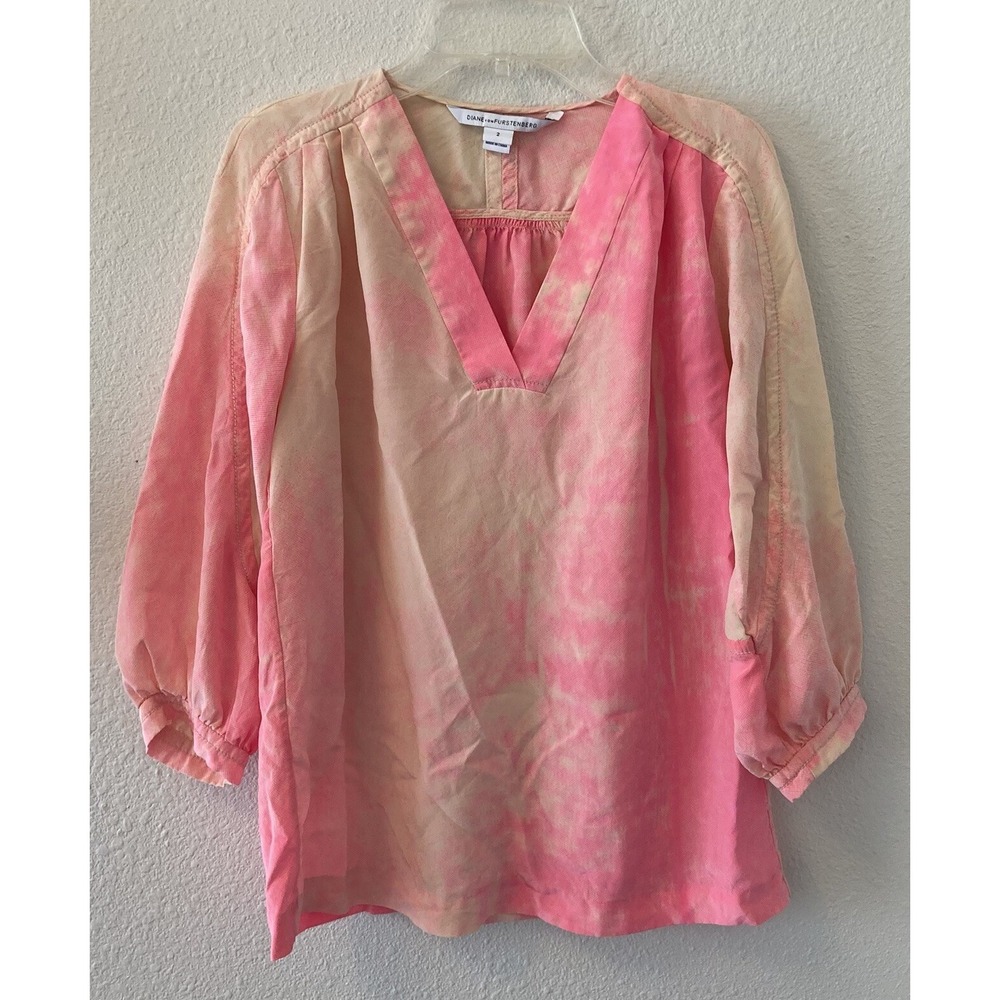 Dian Von Furstenberg Blouse Silk Pink Tie Dye 3/4 Sleeves V Neck Tunic Top Sz 2